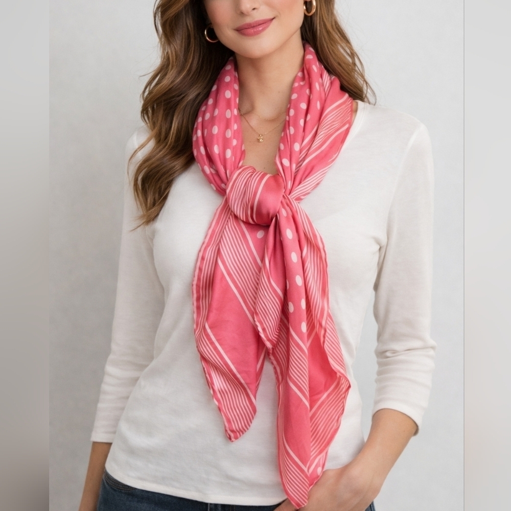 LAUREN RALPH LAUREN Barbie Pink Polka Dot Stripe Large Twee Scarf